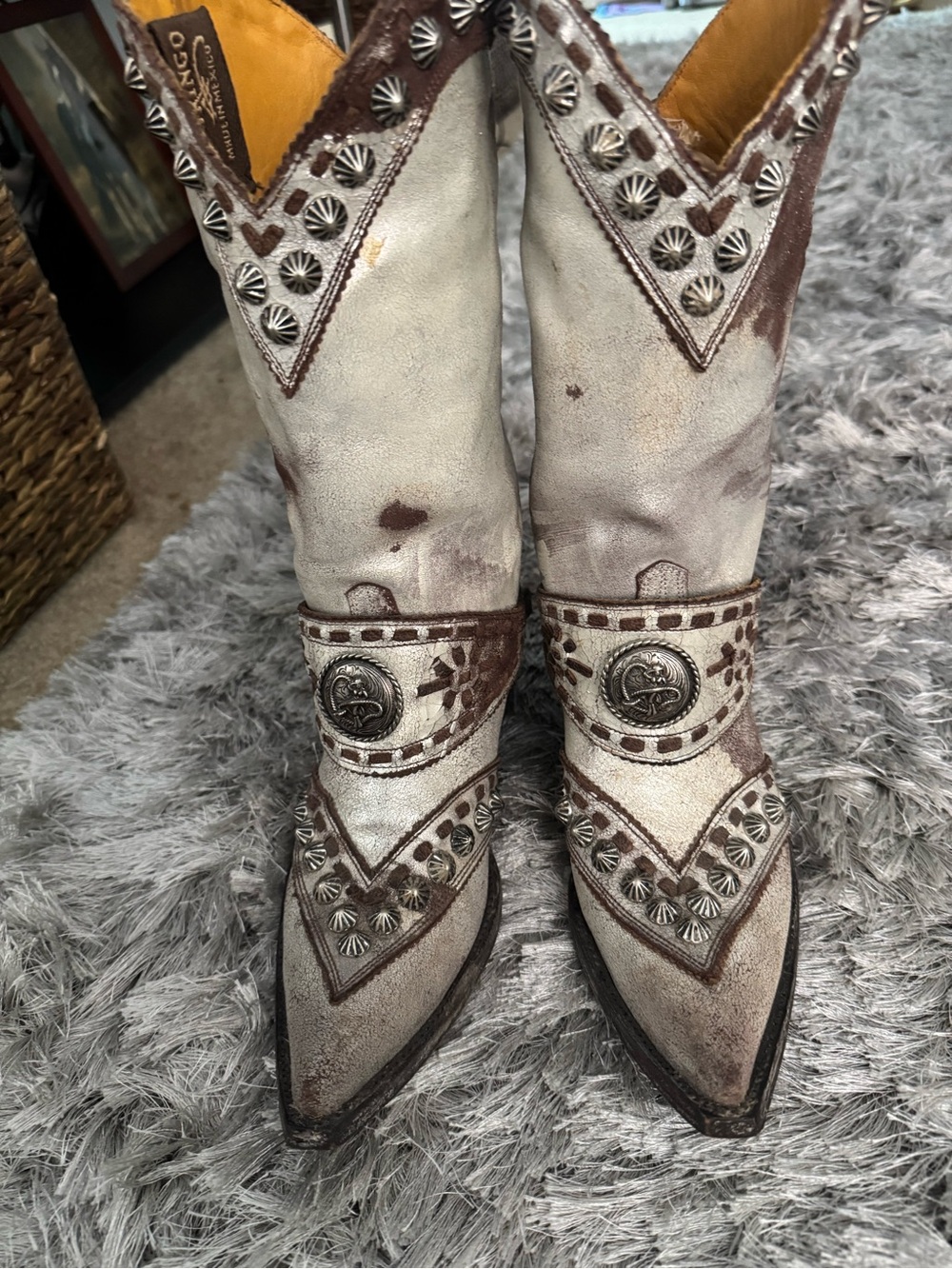 Old Gringo White and Brown Studded Western Cowboy Boots